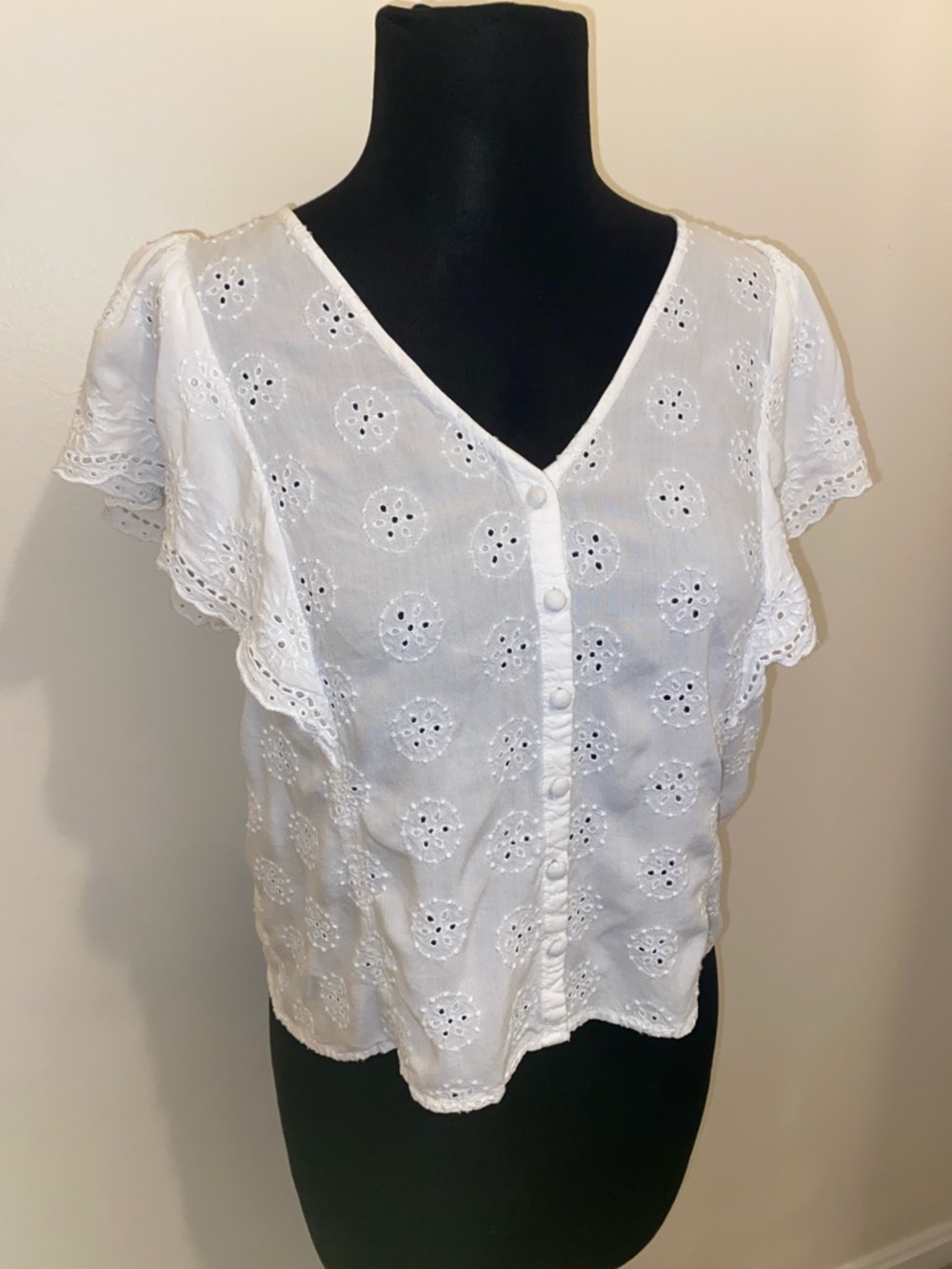 LOFT Eyelet Button-Front V-Neck Blouse.Petite